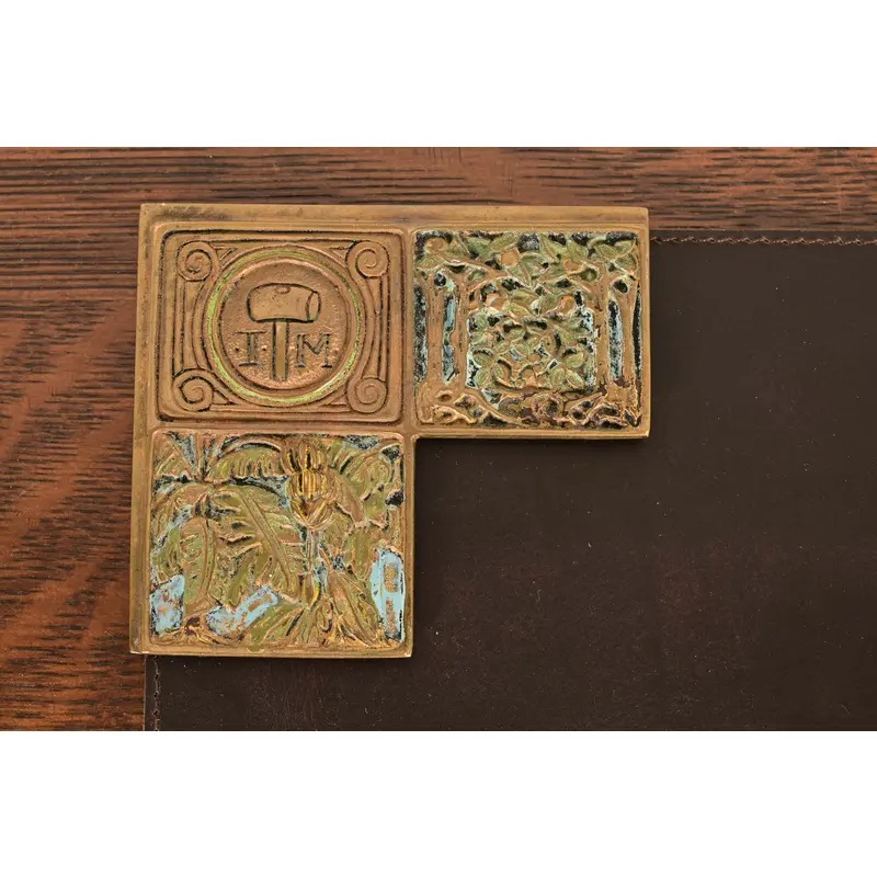 Tiffany Studios New York Bookmark Pattern Bronze Doré and Enamel Blotter Corners With Leather Desk Blotter - Image 6