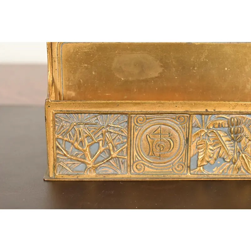 Tiffany Studios New York Bookmark Pattern Bronze Doré and Enamel Letter Rack - Image 6