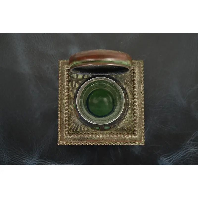 Tiffany Studios New York Pine Needle Bronze and Favrile Slag Glass Inkwell, Circa 1910 - Image 6