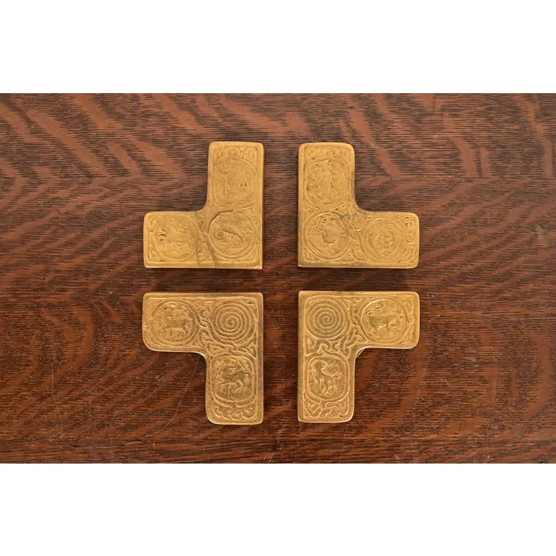 Tiffany Studios New York Zodiac Bronze Doré Blotter Corners With Leather Desk Blotter - Image 6