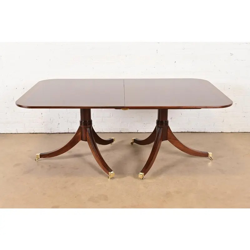 Baker Furniture Style Georgian Banded Mahogany Double Pedestal Extension Dining Table, Newly Refinished - Image 7