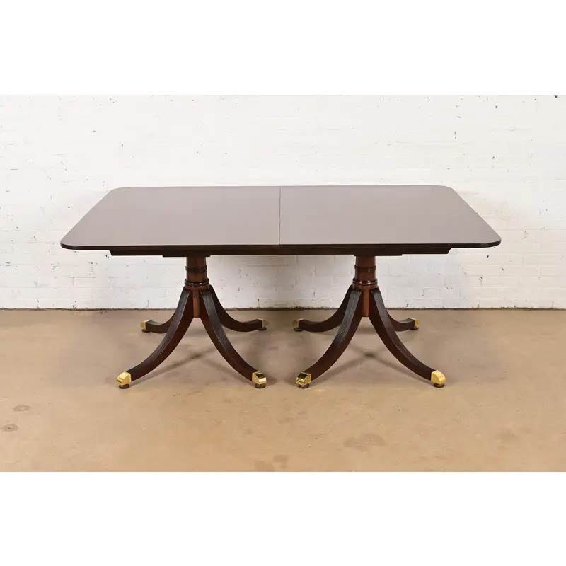 Baker Furniture Style Georgian Mahogany Double Pedestal Extension Dining Table, Newly Refinished - Image 7