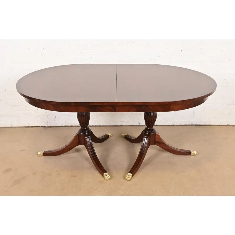 Henkel Harris Georgian Banded Mahogany Double Pedestal Extension Dining Table, Newly Refinished - Image 7