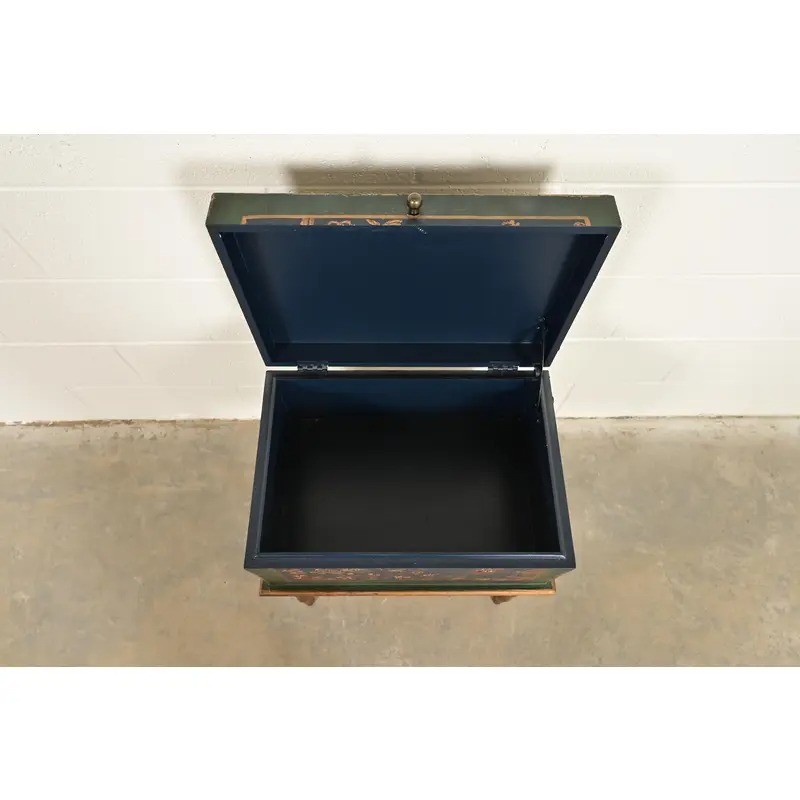 Hollywood Regency Chinoiserie Hand-Painted Green Lacquered and Gold Gilt Chest on Stand - Image 11