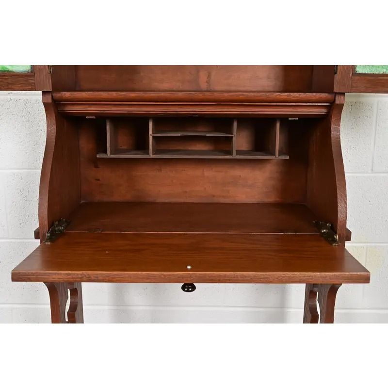 Stickley Brothers Style Antique Mission Oak Arts & Crafts Secretary Desk With Stained Glass Doors, Circa 1900 - Image 7