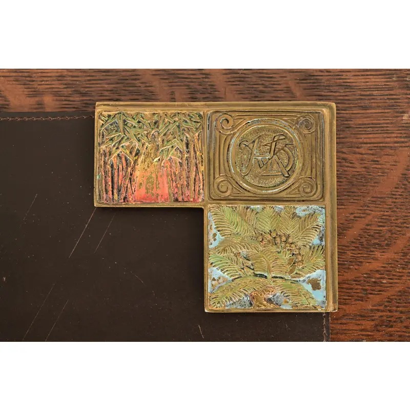 Tiffany Studios New York Bookmark Pattern Bronze Doré and Enamel Blotter Corners With Leather Desk Blotter - Image 7