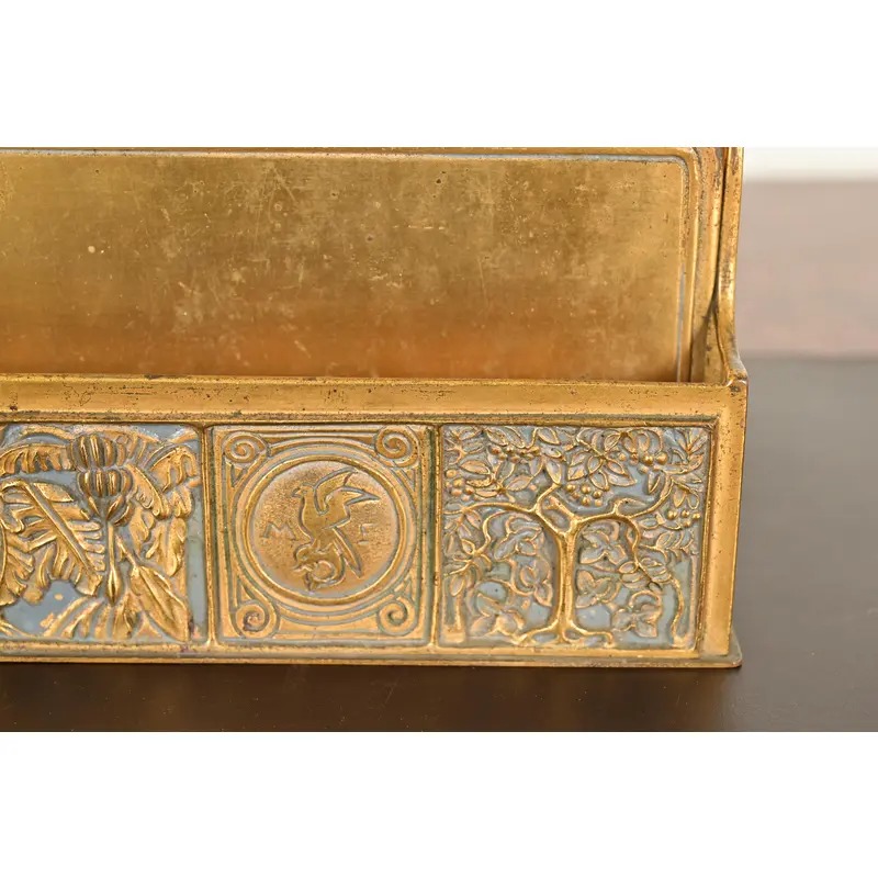 Tiffany Studios New York Bookmark Pattern Bronze Doré and Enamel Letter Rack - Image 7