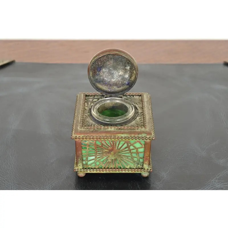 Tiffany Studios New York Pine Needle Bronze and Favrile Slag Glass Inkwell, Circa 1910 - Image 7