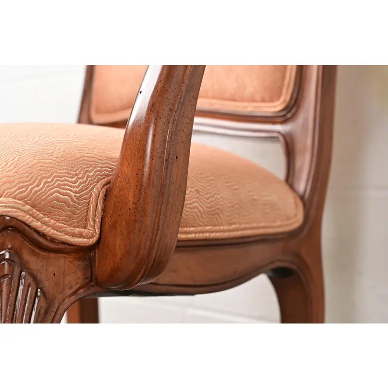 Baker Furniture French Provincial Louis XV Carved Walnut Armchairs or Dining Captain Chairs, Pair - Image 8