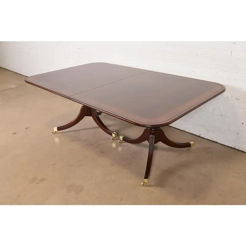 Baker Furniture Stately Homes Georgian Banded Mahogany Double Pedestal Extension Dining Table, Newly Refinished - Image 8