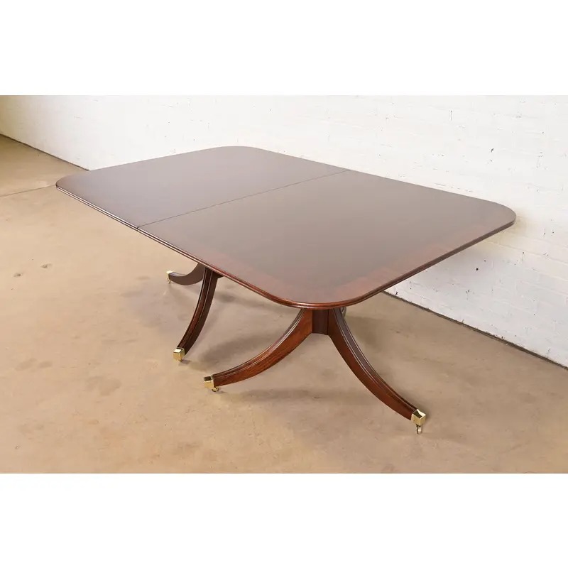 Baker Furniture Style Georgian Banded Mahogany Double Pedestal Extension Dining Table, Newly Refinished - Image 8
