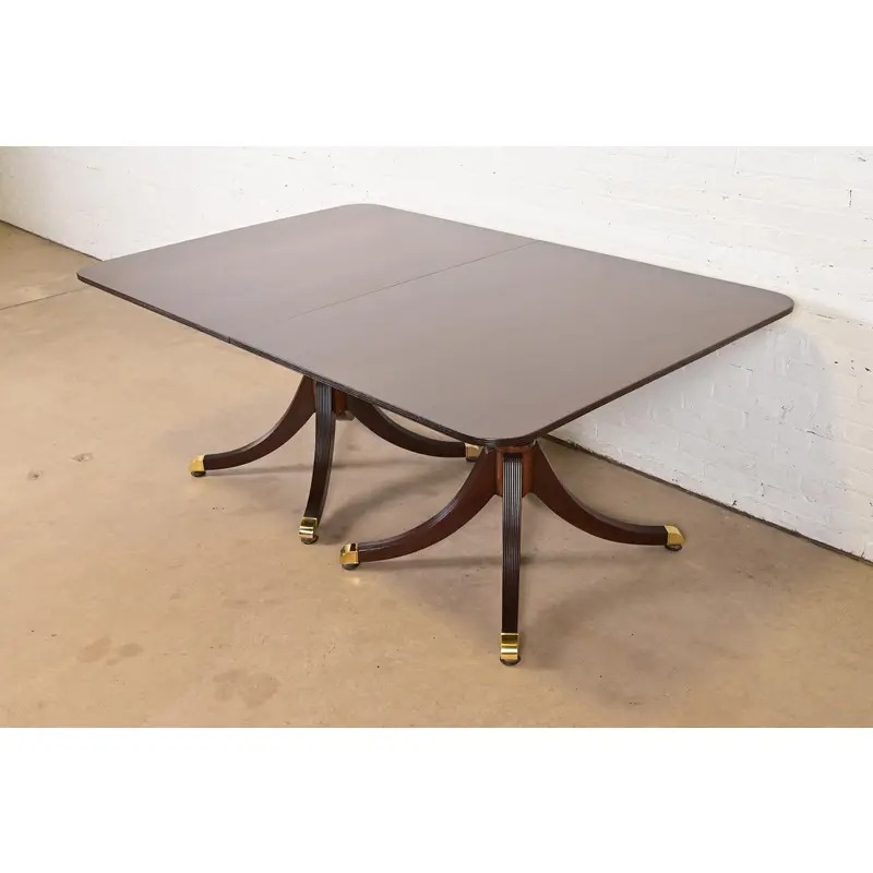Baker Furniture Style Georgian Mahogany Double Pedestal Extension Dining Table, Newly Refinished - Image 8