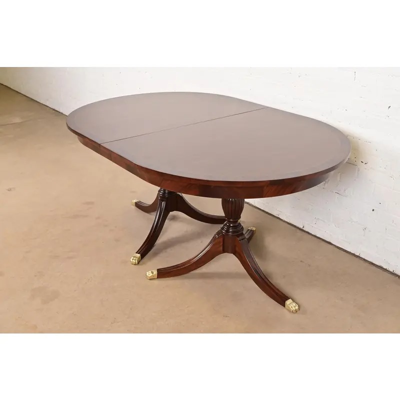 Henkel Harris Georgian Banded Mahogany Double Pedestal Extension Dining Table, Newly Refinished - Image 8