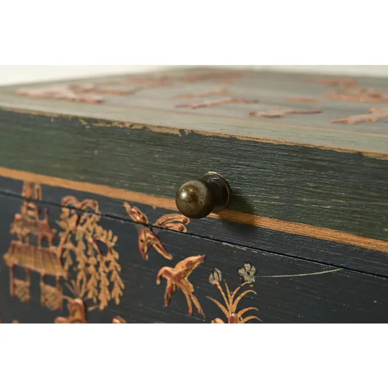 Hollywood Regency Chinoiserie Hand-Painted Green Lacquered and Gold Gilt Chest on Stand - Image 10