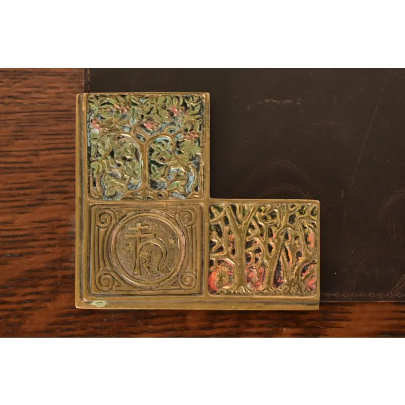 Tiffany Studios New York Bookmark Pattern Bronze Doré and Enamel Blotter Corners With Leather Desk Blotter - Image 8