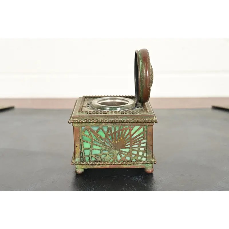 Tiffany Studios New York Pine Needle Bronze and Favrile Slag Glass Inkwell, Circa 1910 - Image 8