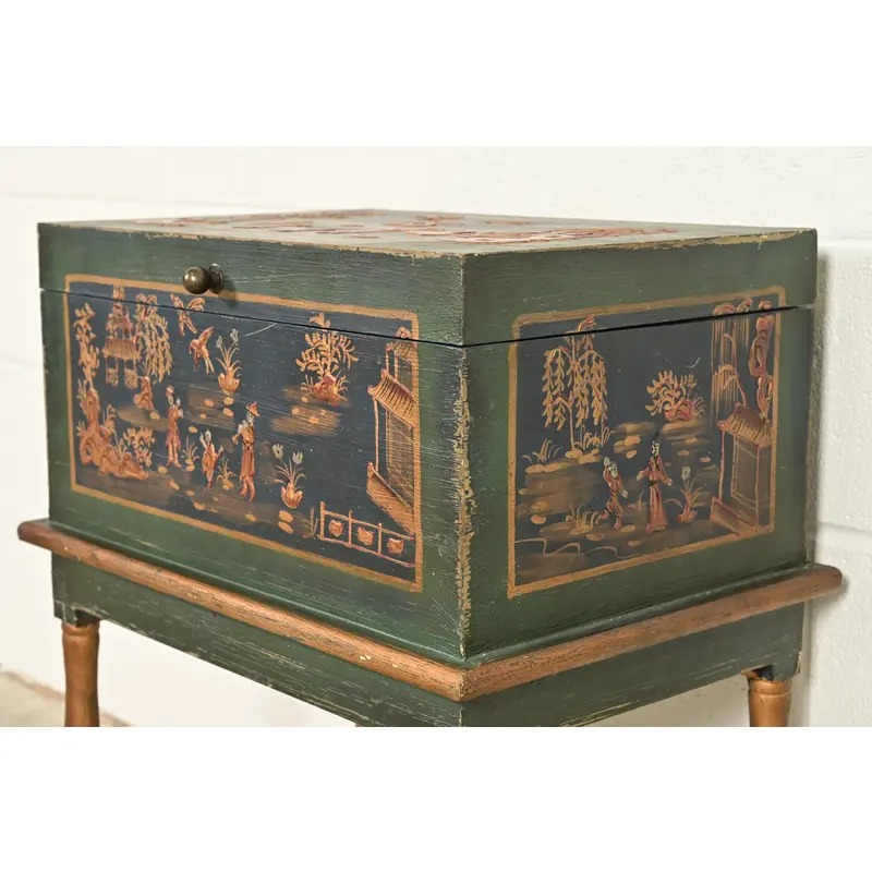 Hollywood Regency Chinoiserie Hand-Painted Green Lacquered and Gold Gilt Chest on Stand - Image 9