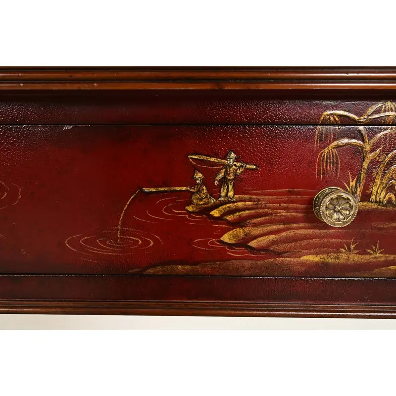 Maitland Smith English Regency Chinoiserie Hand-Painted Red Lacquered Console Table - Image 9