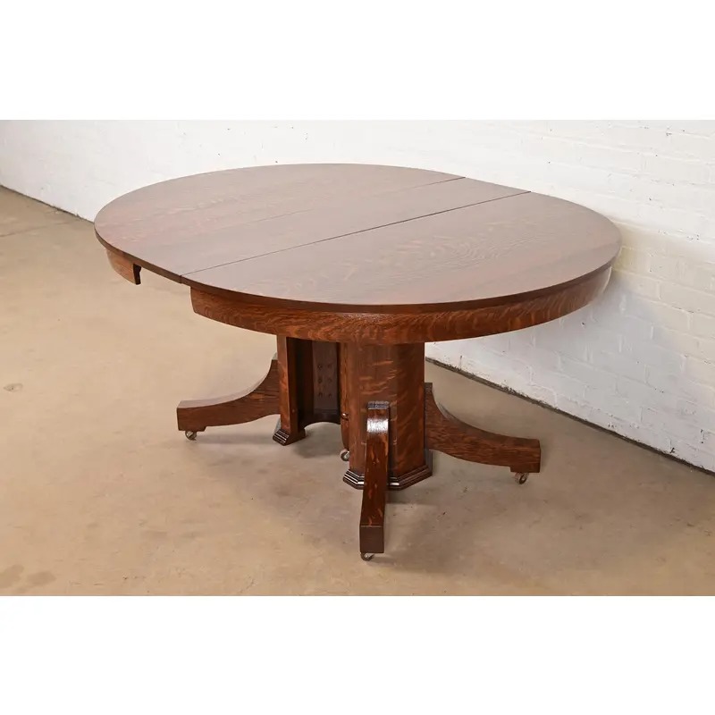 Stickley Brothers Style Antique Mission Oak Arts & Crafts Pedestal Extension Dining Table, Newly Refinished - Image 9