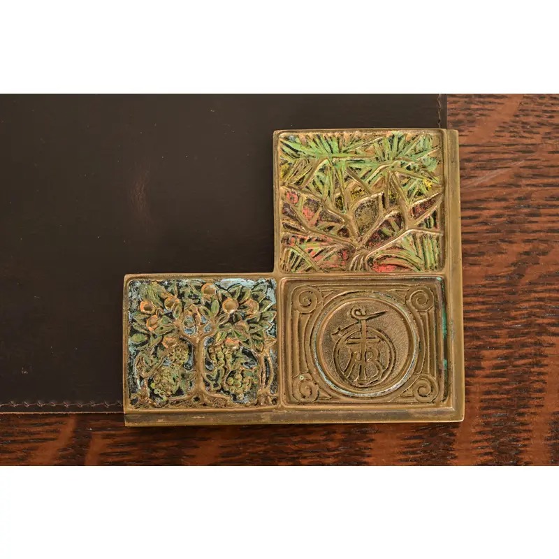 Tiffany Studios New York Bookmark Pattern Bronze Doré and Enamel Blotter Corners With Leather Desk Blotter - Image 9