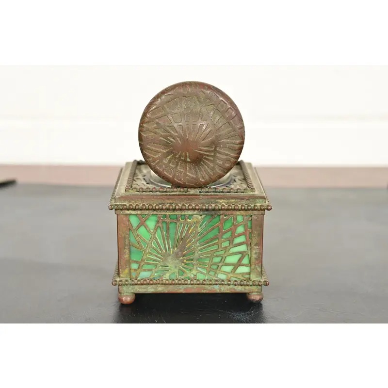 Tiffany Studios New York Pine Needle Bronze and Favrile Slag Glass Inkwell, Circa 1910 - Image 9