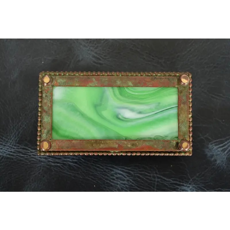Tiffany Studios New York Pine Needle Pattern Bronze and Favrile Slag Glass Stamp Box - Image 9