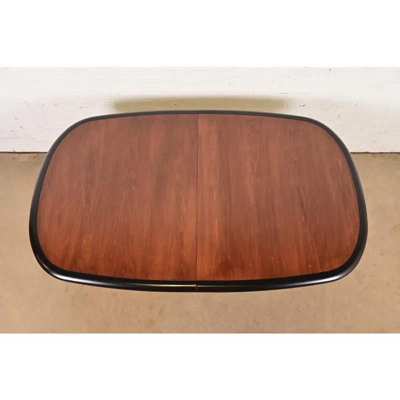 Drexel Heritage Modern Art Deco Walnut and Black Lacquered Double Pedestal Extension Dining Table, Newly Refinished - Image 10