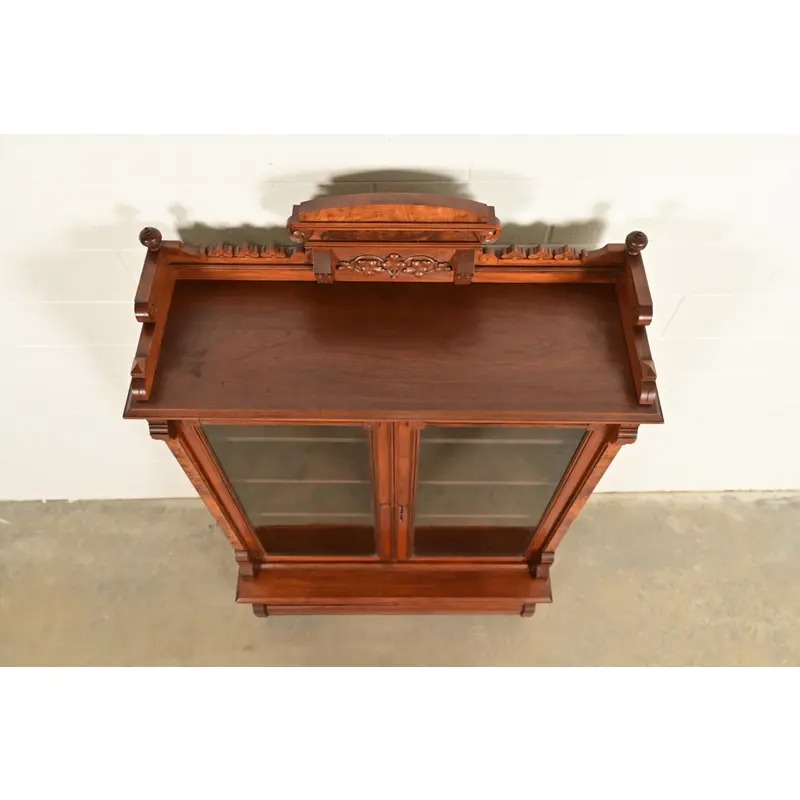 Herter Brothers Style Antique Eastlake Victorian Carved Burled Walnut Bookcase, Circa 1880s - Image 10