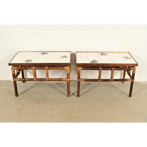 John Wisner for Ficks Reed Mid-Century Hollywood Regency Bamboo Rattan Tile Top Side Tables, 1950s