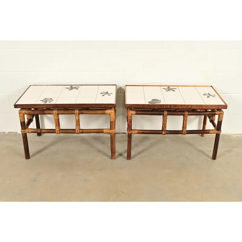 John Wisner for Ficks Reed Mid-Century Hollywood Regency Bamboo Rattan Tile Top Side Tables, 1950s