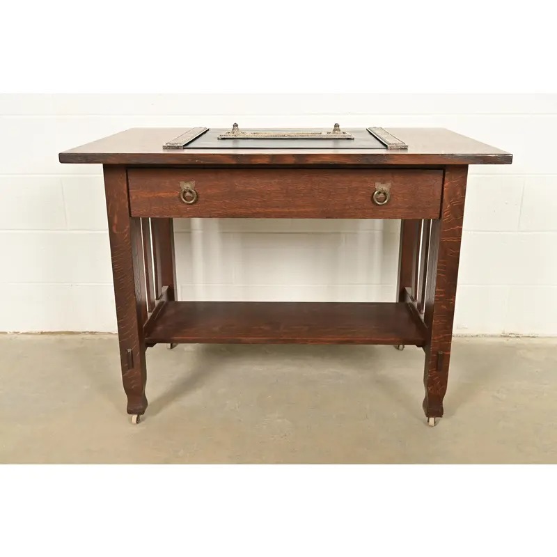 Roycroft Arts & Crafts Silver Finished Hammered Copper Desk Tray With Double Pen Holder - Image 10