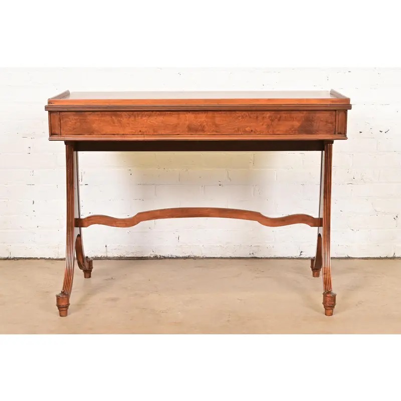 Baker Furniture English Regency Burled Walnut Writing Desk or Console Table, Newly Refinished - Image 11