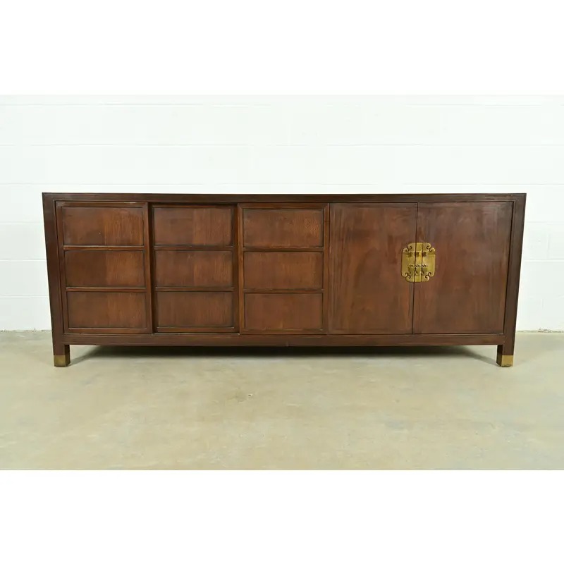Michael Taylor for Baker Furniture Hollywood Regency Chinoiserie Walnut Sideboard Credenza, Circa 1950s