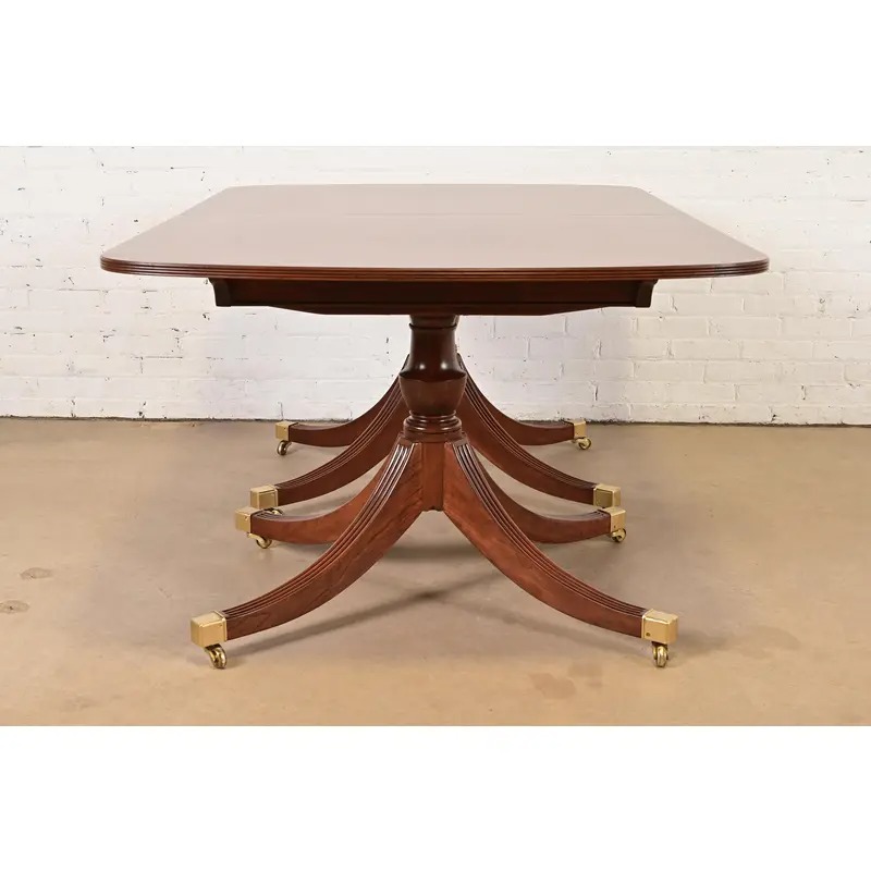 Smith & Watson Georgian Banded Cherry and Burl Wood Double Pedestal Extension Dining Table, Newly Refinished - Image 11