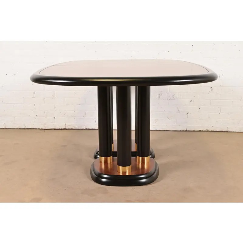 Drexel Heritage Modern Art Deco Walnut and Black Lacquered Double Pedestal Extension Dining Table, Newly Refinished - Image 12