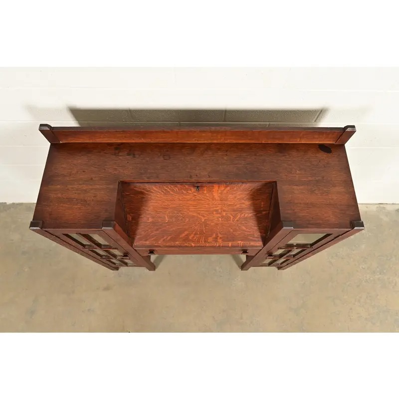 Stickley Brothers Style Antique Mission Oak Arts & Crafts Double Bookcase With Drop Front Secretary Desk, Circa 1910 - Image 12