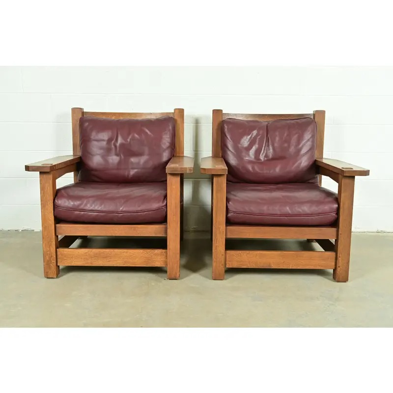 Stickley Mission Oak Arts & Crafts Eastwood Lounge Chairs, Pair