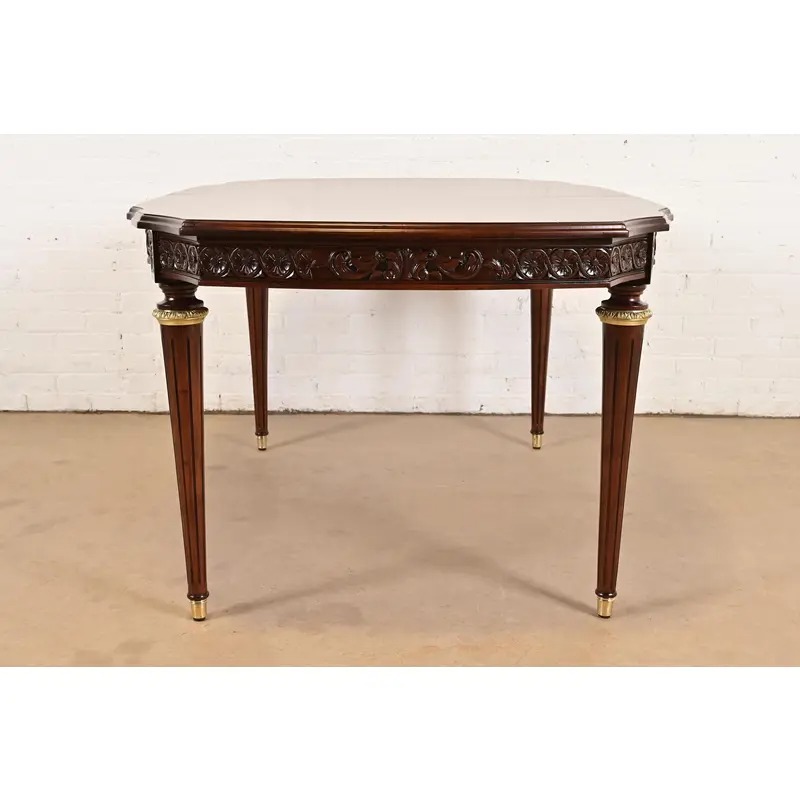Henredon Style French Regency Louis XVI Carved Mahogany and Burl Wood Extension Dining Table, Newly Refinished - Image 13