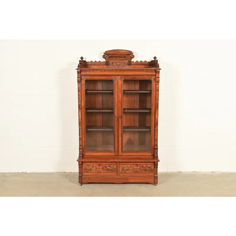 Herter Brothers Style Antique Eastlake Victorian Carved Burled Walnut Bookcase, Circa 1880s