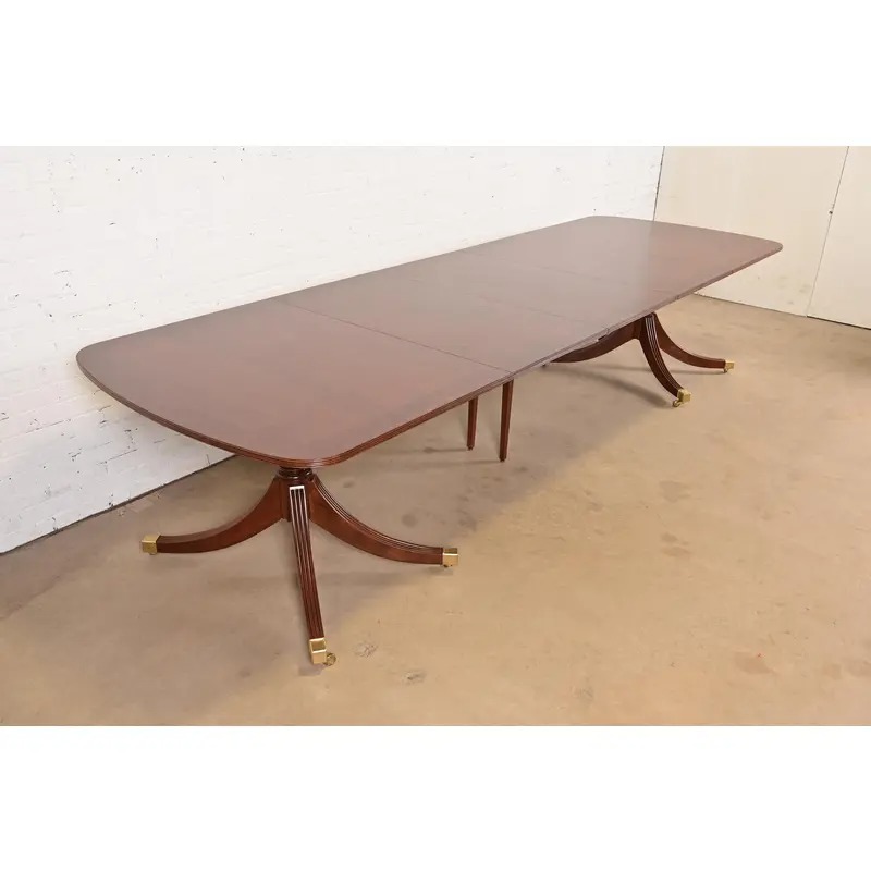 Smith & Watson Georgian Banded Cherry and Burl Wood Double Pedestal Extension Dining Table, Newly Refinished