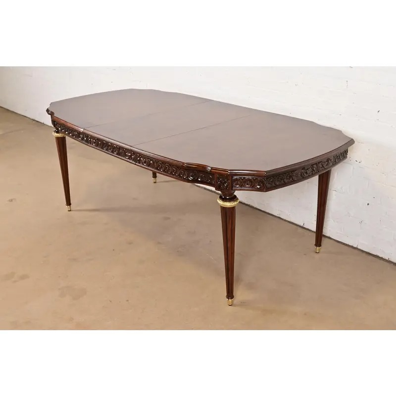 Henredon Style French Regency Louis XVI Carved Mahogany and Burl Wood Extension Dining Table, Newly Refinished