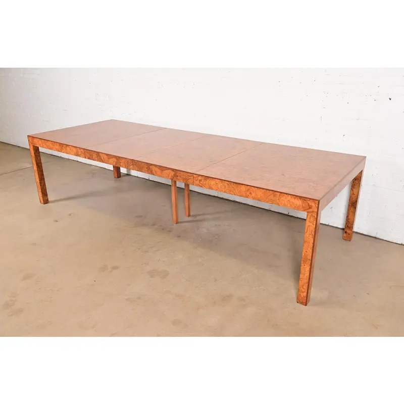 Milo Baughman Style Burl Wood Parsons Extension Dining Table, Newly Refinished