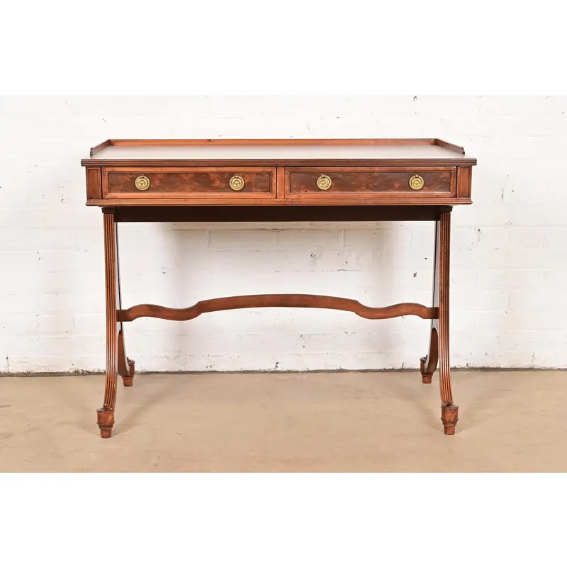 Baker Furniture English Regency Burled Walnut Writing Desk or Console Table, Newly Refinished - Image 2