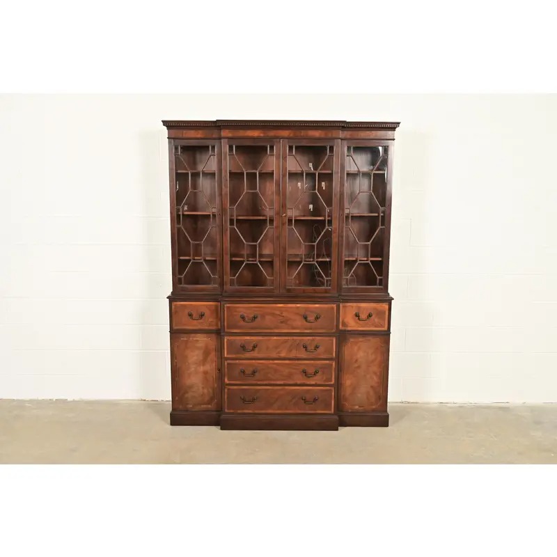 Baker Furniture Georgian Carved Mahogany Breakfront Bookcase Cabinet With Secretary Desk - Image 2