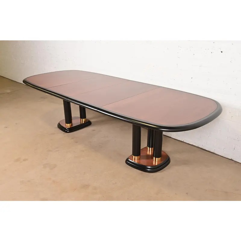 Drexel Heritage Modern Art Deco Walnut and Black Lacquered Double Pedestal Extension Dining Table, Newly Refinished - Image 2