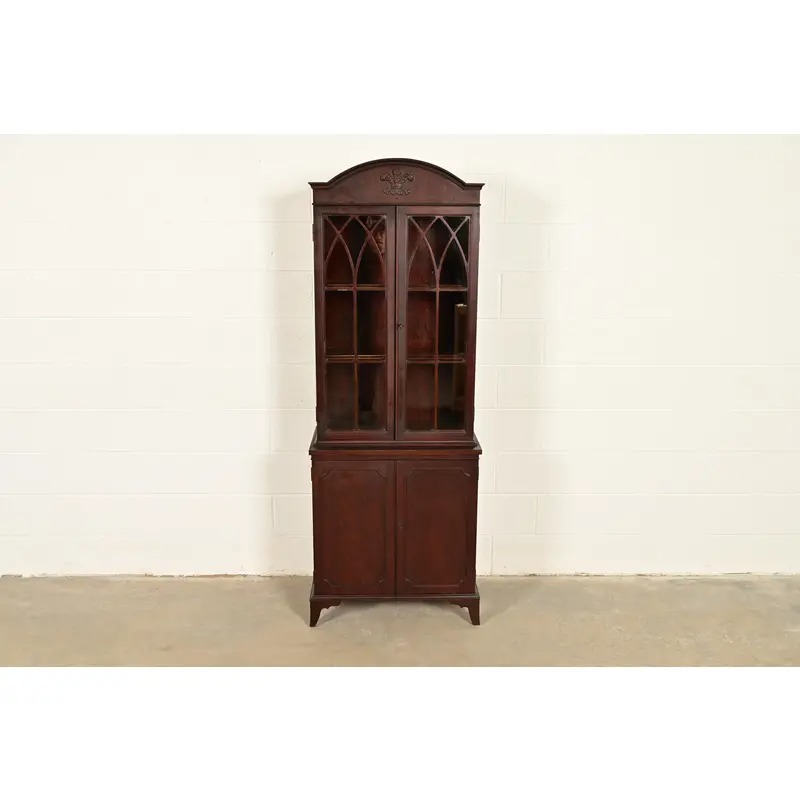 English Regency Antique Carved Mahogany Breakfront Bookcase Cabinet, Circa 1890s - Image 2