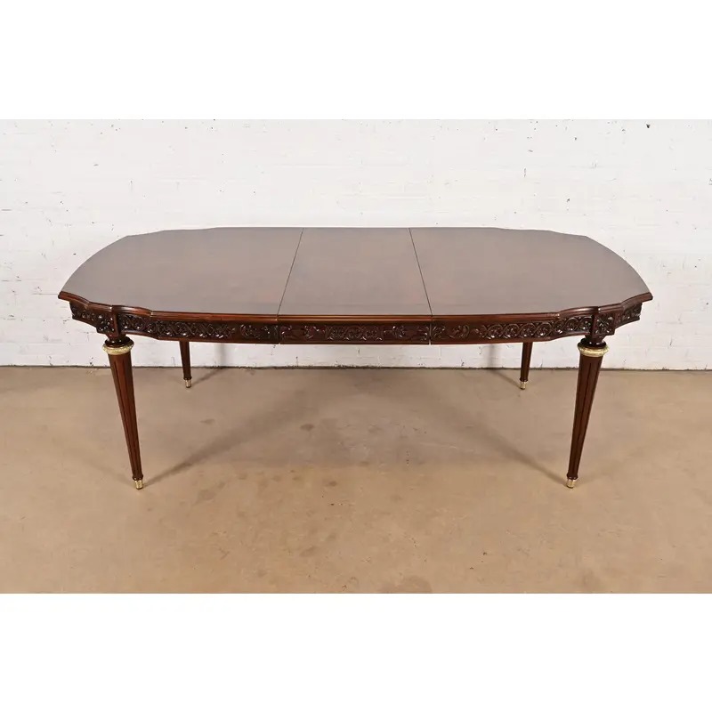 Henredon Style French Regency Louis XVI Carved Mahogany and Burl Wood Extension Dining Table, Newly Refinished - Image 2