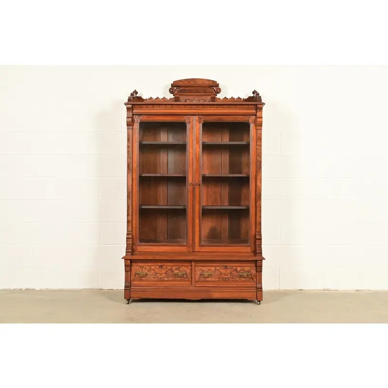 Herter Brothers Style Antique Eastlake Victorian Carved Burled Walnut Bookcase, Circa 1880s - Image 2