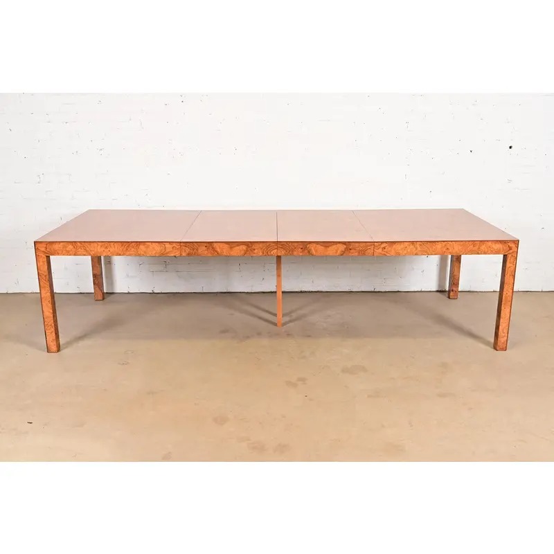 Milo Baughman Style Burl Wood Parsons Extension Dining Table, Newly Refinished - Image 2