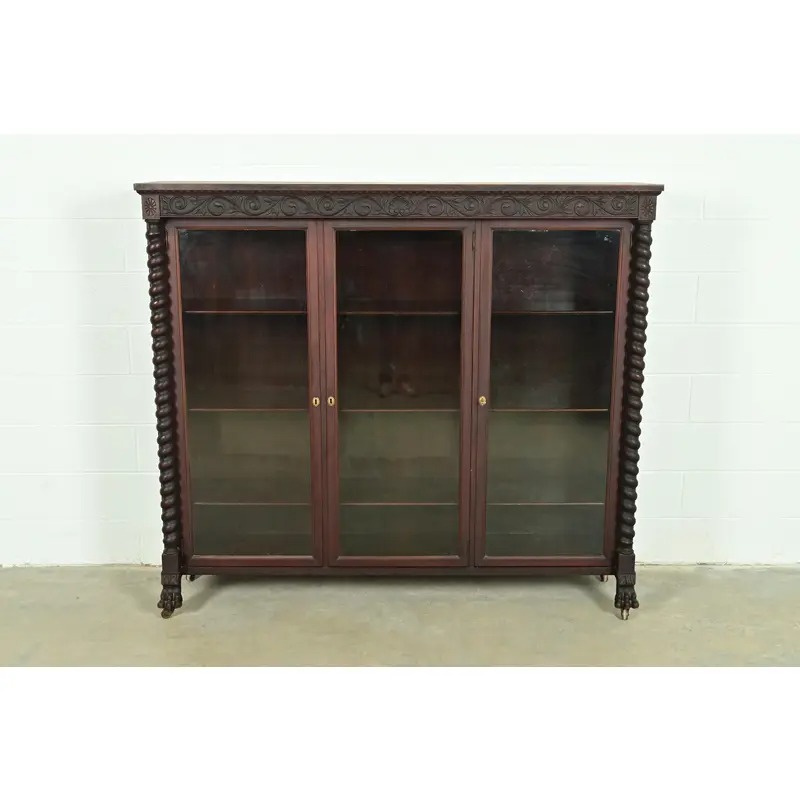 R. J. Horner Style American Empire Carved Mahogany Triple Bookcase With Lion Paw Feet, Circa 1890s - Image 2